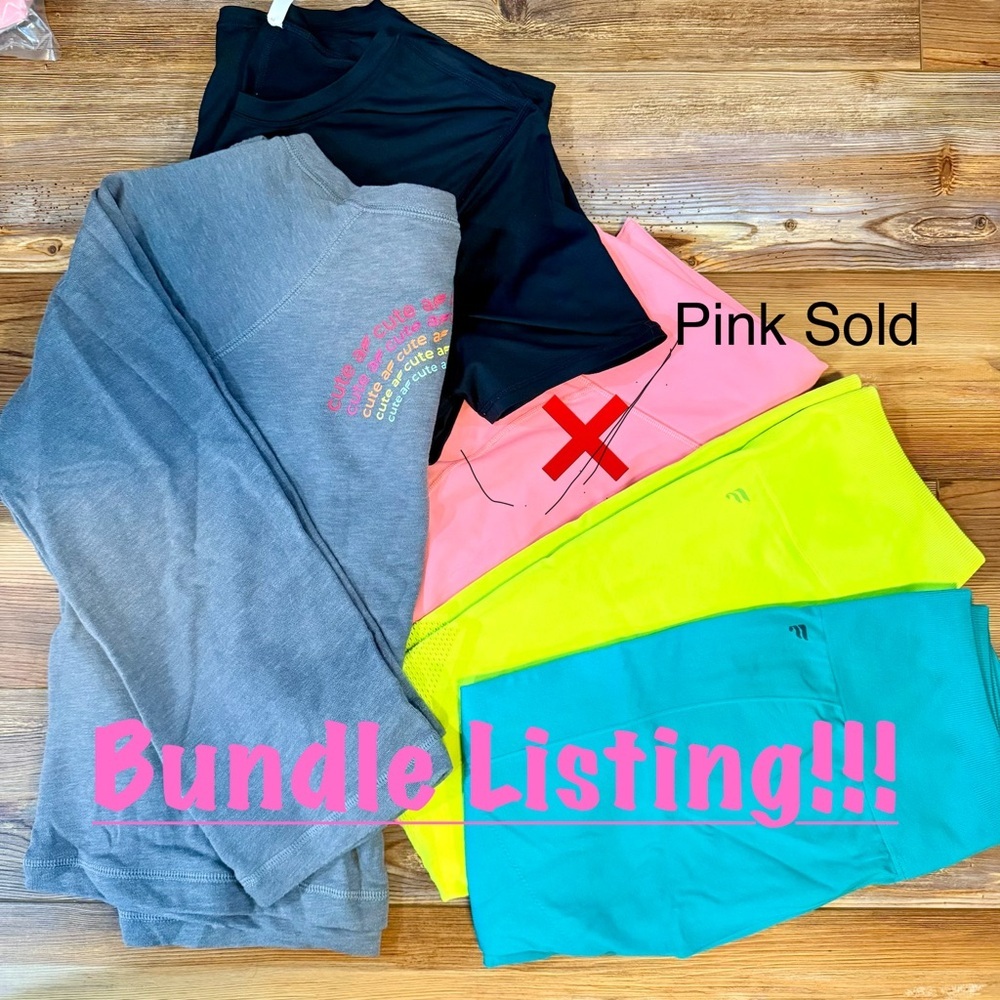 Fabletics 4 Piece Bundle. Black Shirt, Gray Sweatshirt, Yellow and Teal Leggings